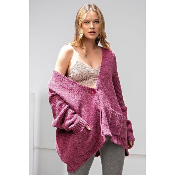 easel Sweaters - Easel Raspberry Dropped Shoulders Button Dwon Front Relaxed Fit Sweater Cardigan